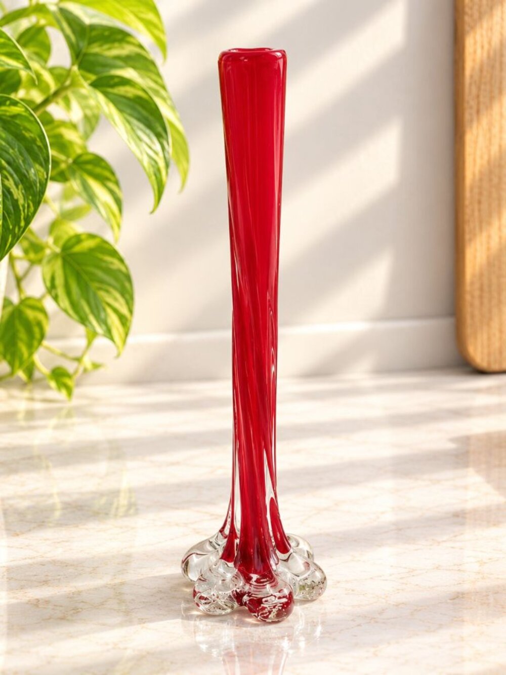 Vintage Red Glass Swung Bud Vase With Clear Base Hand-Blown 11.5 Inches Tall Ele
